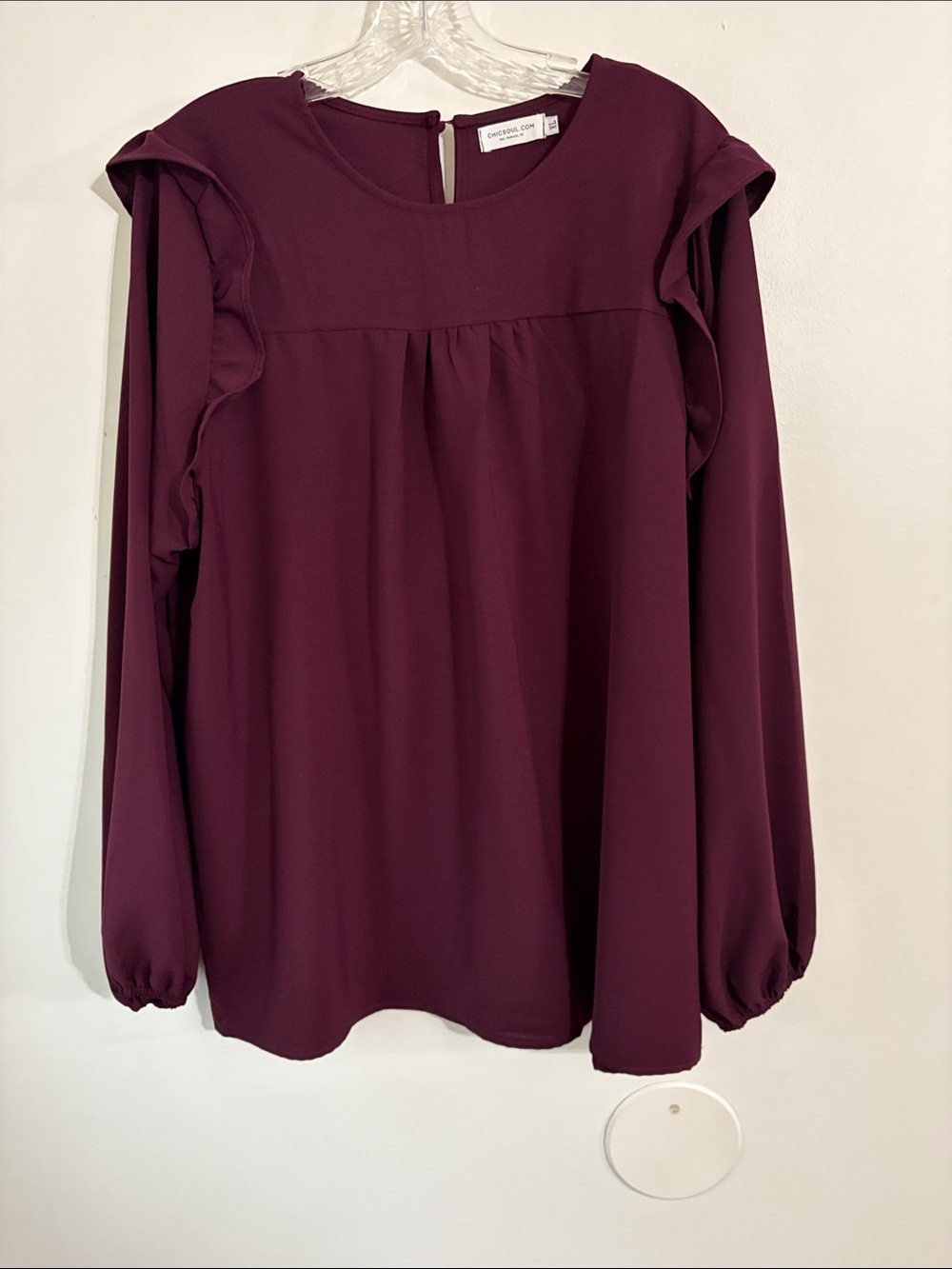 Chicsoul  Deep Plum Ruffle-Shoulder Long-Sleeve Top NWOT size XLarge